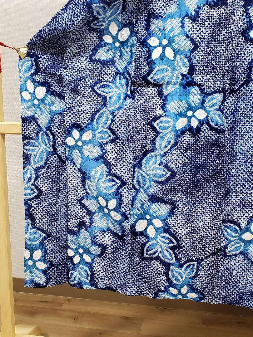 美品 有松鳴海絞り 流れに花模様 藍染 水色 綿 浴衣 着物 15