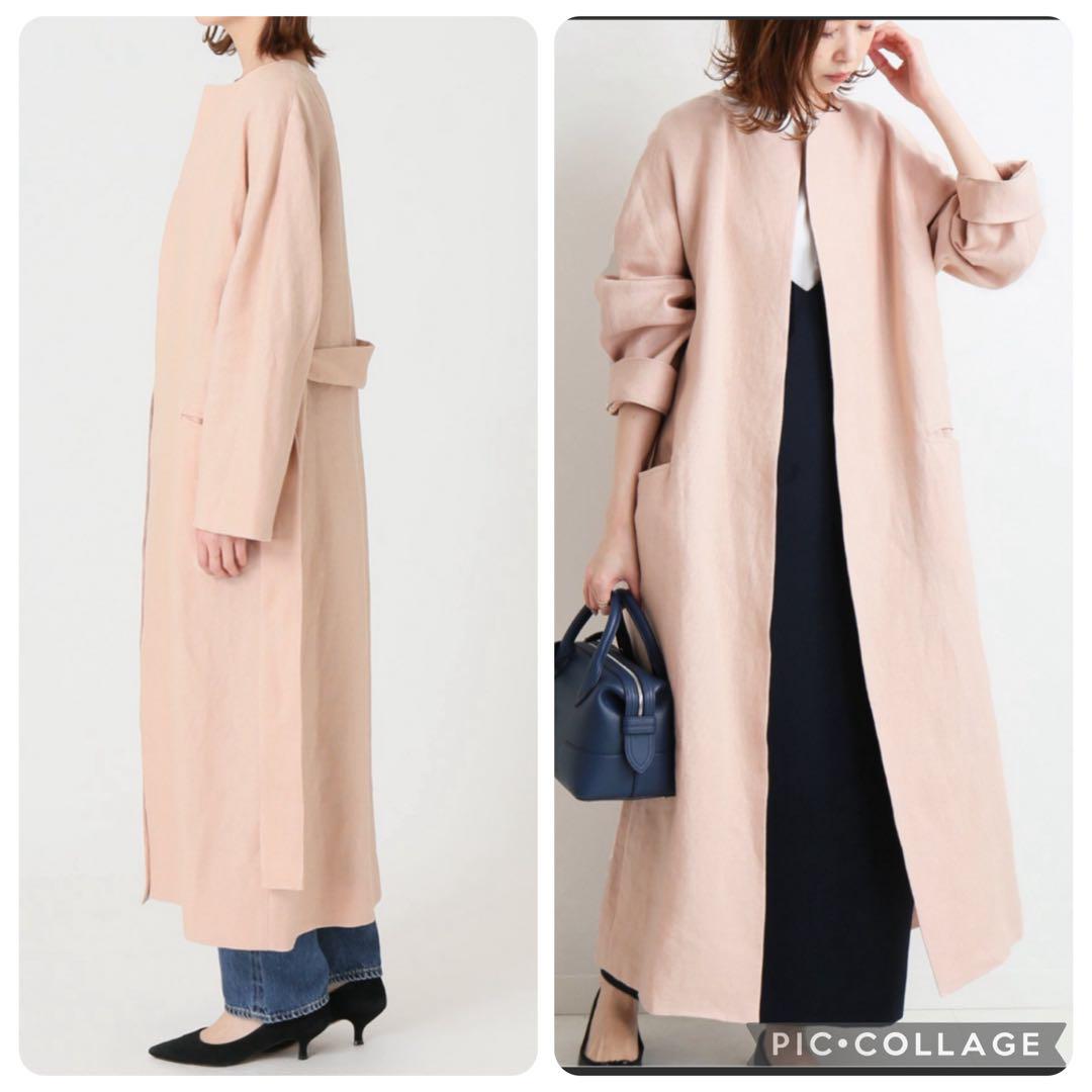 美品 IENA イエナ リネン100% ノーカラーコート 羽織り 麻 パイピング 出品レア・美品】イエナ☆ノーカラーリネン100%ロングコート