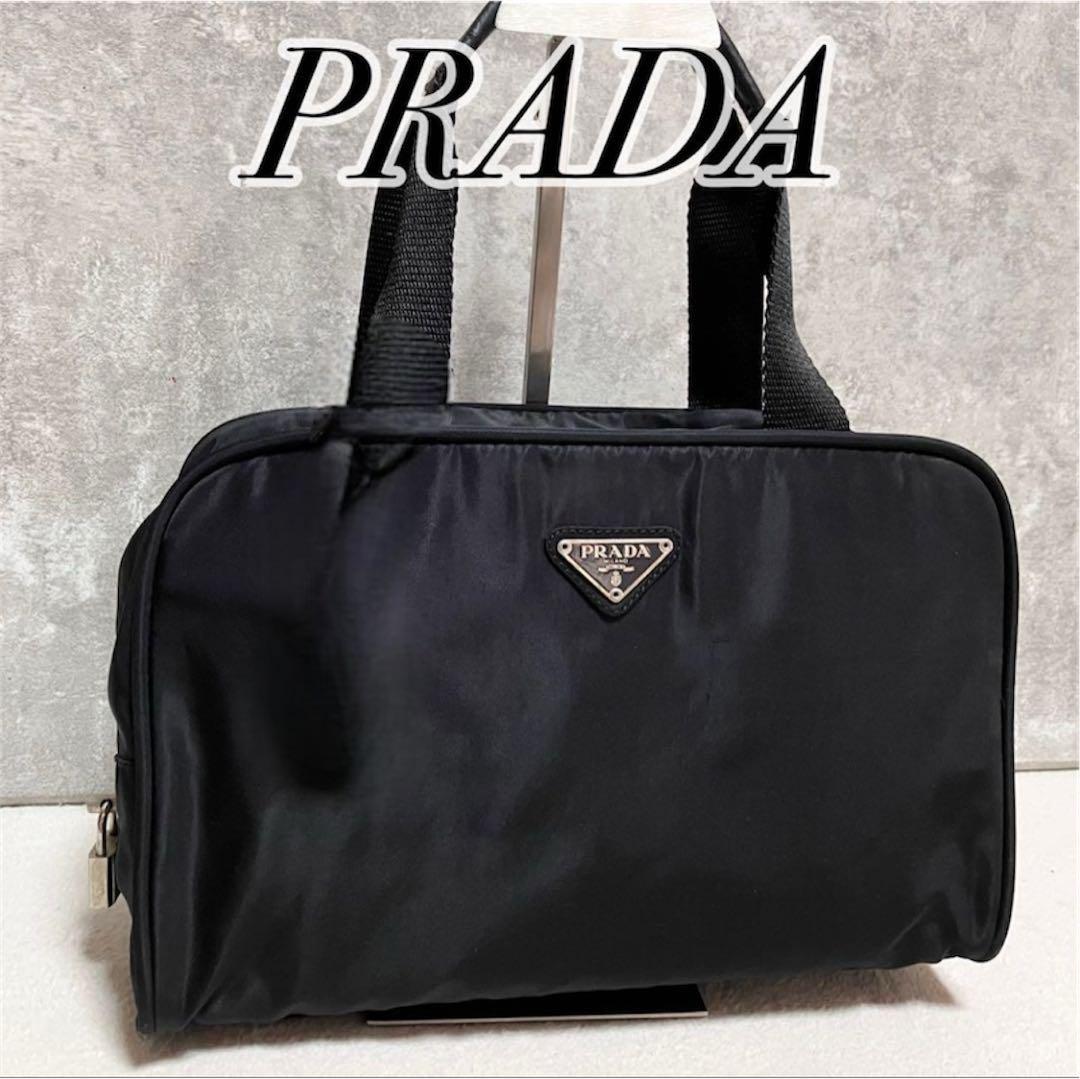 【良品】 PRADA ミニボストンバッグ 三角ロゴ ナイロン ブラック 南京錠