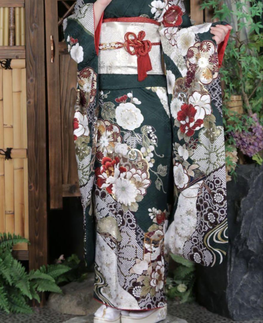 ネイルチップ 成人式 和柄 緑 振袖 和装 和花 花 フラワー オーダーネイル