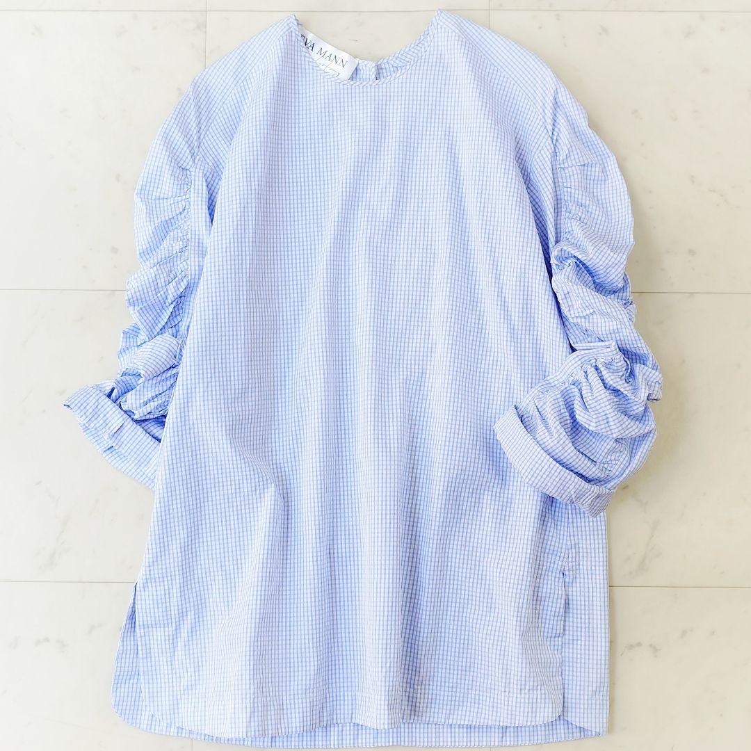 美品✨定価3.8万 エヴァマン コットン ギンガムチェック柄ブラウス ブルー