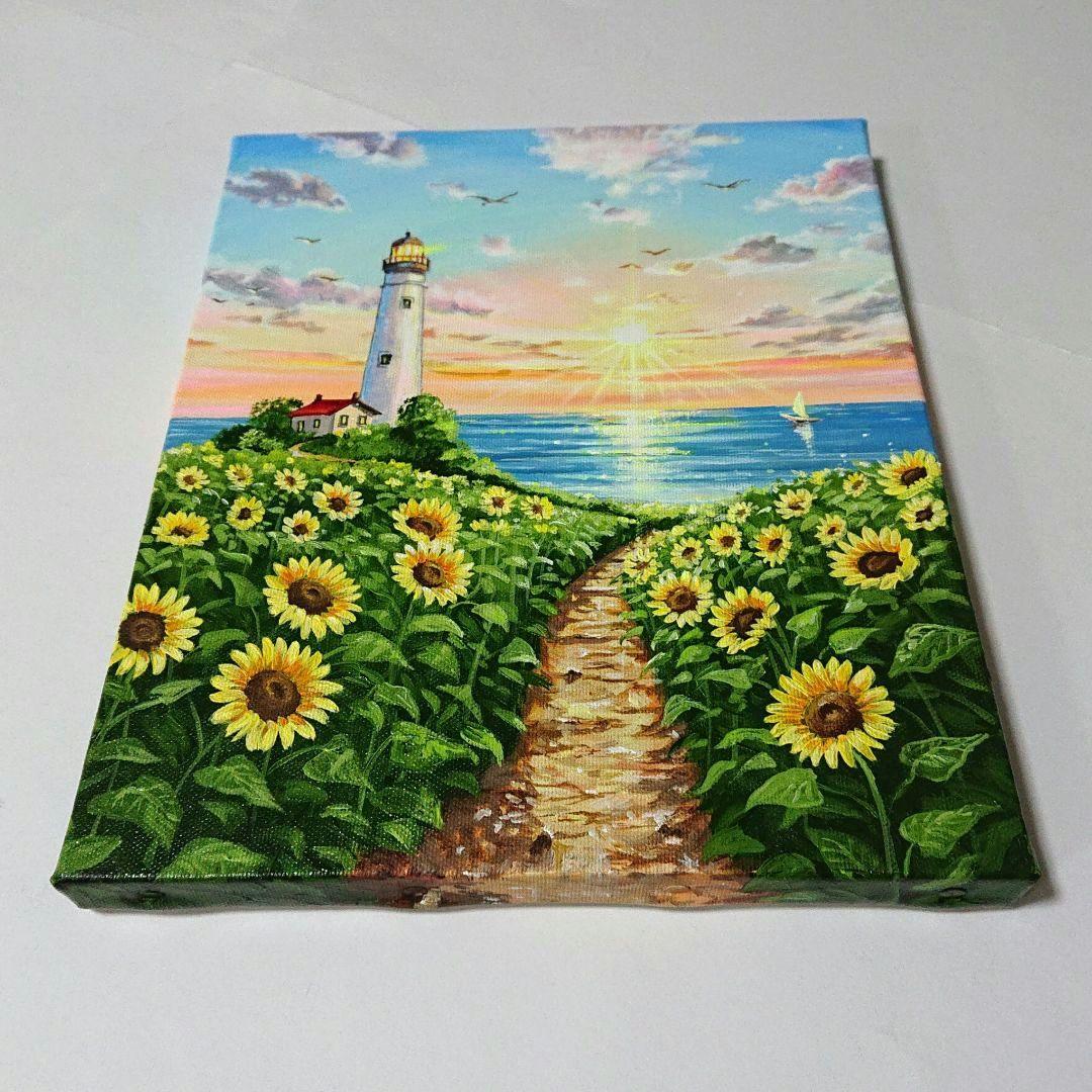 【海辺のヒマワリ】アクリル画 F3 風景画 絵画 原画 花の絵