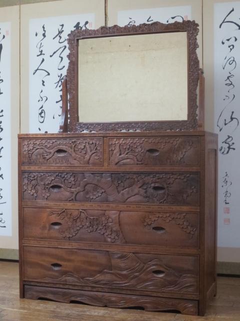 伝統工芸 軽井沢彫り 桜 彫刻 無垢材 時代 催す 座卓