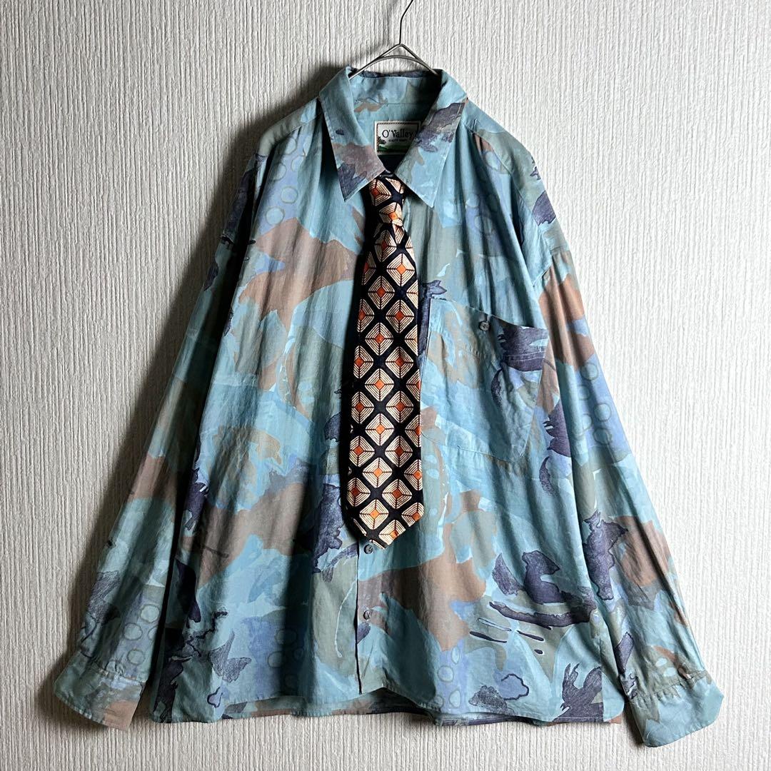 【XL】長袖 ネクタイ付きシャツ レトロカラー 総柄 古着