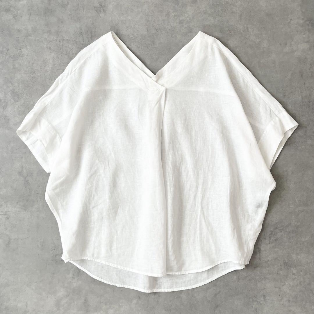 美品♪シップス　リネン　Ｖネック　半袖　ドルマンスリーブ　ブラウス　ギャザー　F 美品♪シップス リネン Vネック 半袖 ドルマンスリーブ