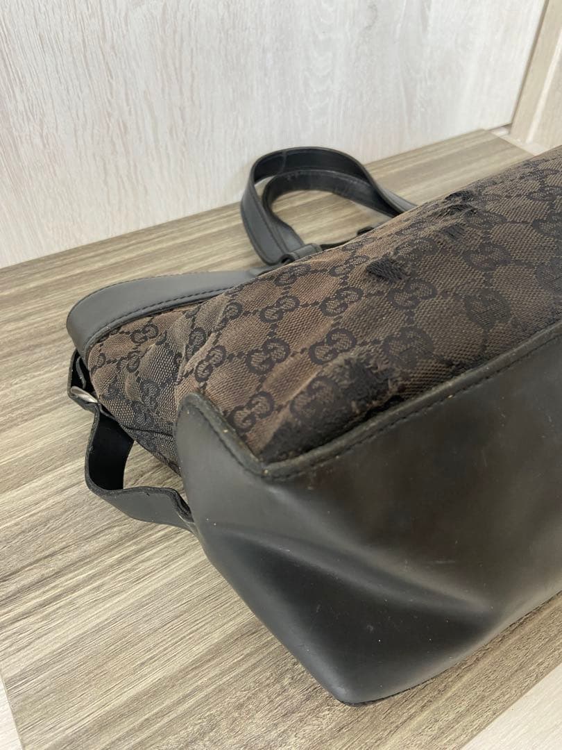 GUCCI トートバッグ　GG柄　キャンバス　レザー　ブラウン　A4可　黒