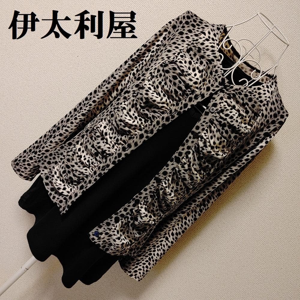 9号○伊太利屋 シャーリング ストレッチ シャツ 長袖 黒 ヒョウ柄