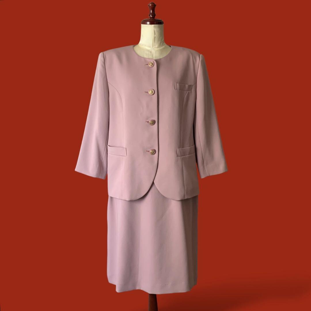 ◎バブリースーツ くすみピンク ノーカラ肩パッド 金ボタン日本製vintage