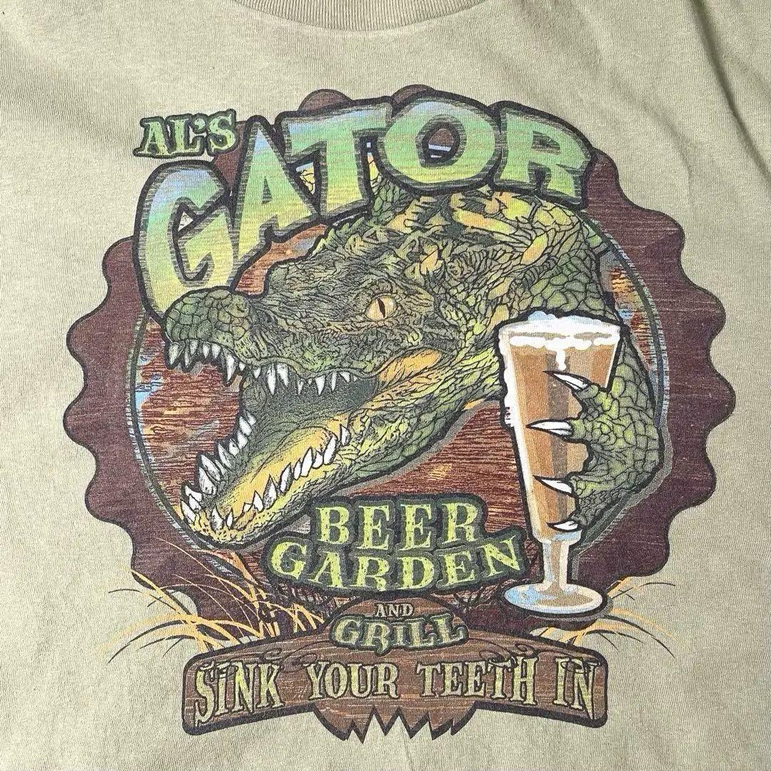 Tシャツ usa 古着 XL アリゲーター ワニ 緑 動物 フェード ビールT