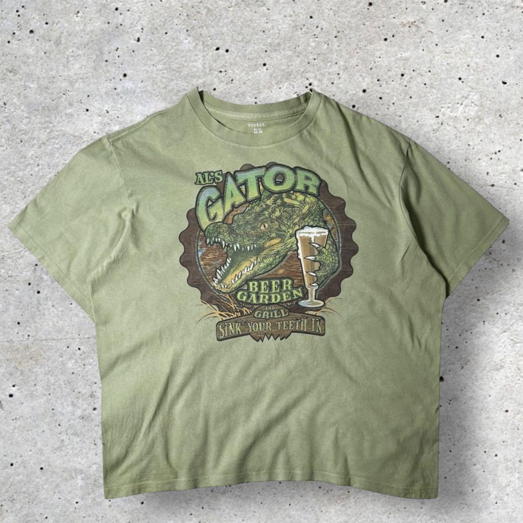 Tシャツ usa 古着 XL アリゲーター ワニ 緑 動物 フェード ビールT