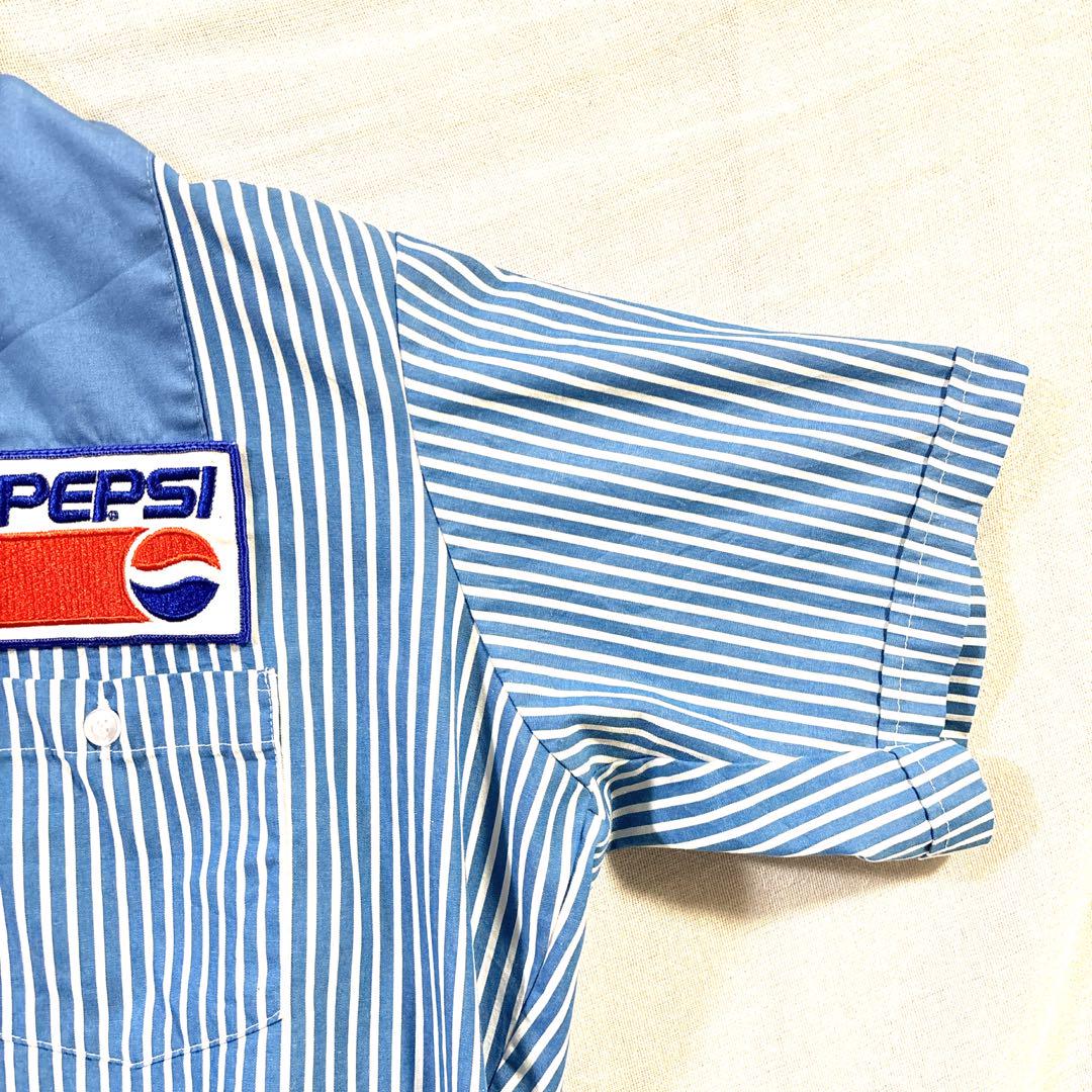 90sUSA製PEPSIペプシ企業系半袖ワークシャツM水色ストライプワッペン