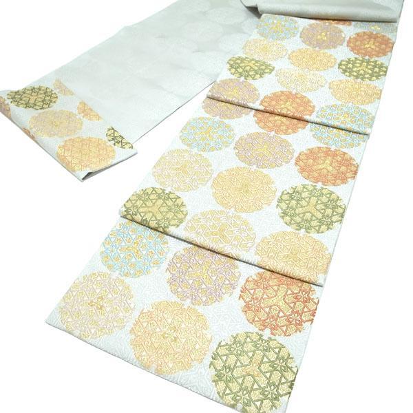 袋帯 京都 西陣 唐織 金糸 ライトブルーグレー 丸文 花 中古