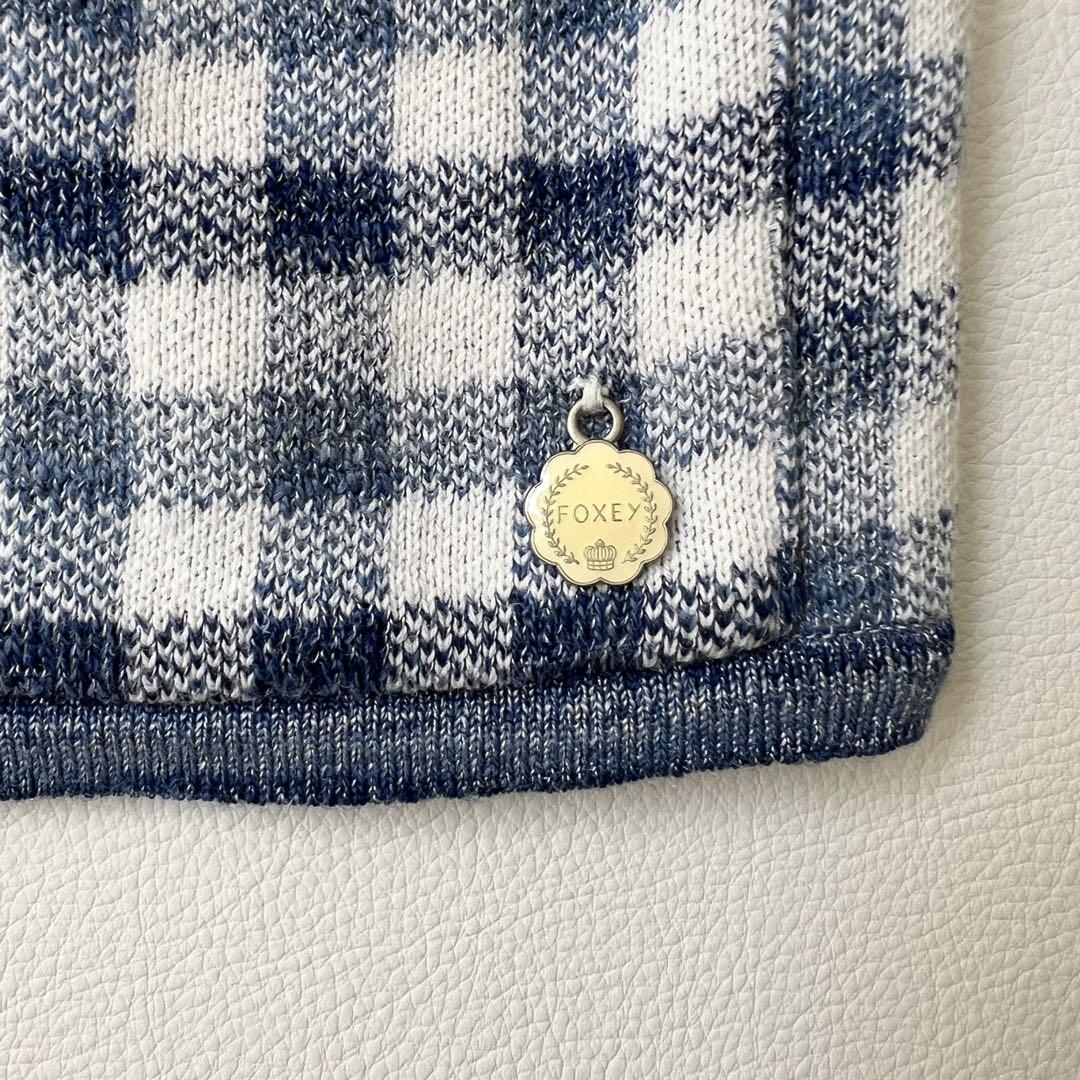 良品　Foxey フォクシー　ノーカラージャケット　チェック　ロゴプレート　40 FOXEY - 良品 Foxey フォクシー ノーカラージャケット チェック