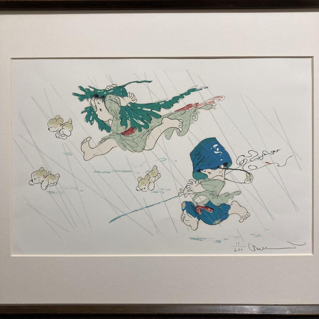 【真作保証】中島潔「にわか雨」リトグラフ 直筆サイン 版画 絵画