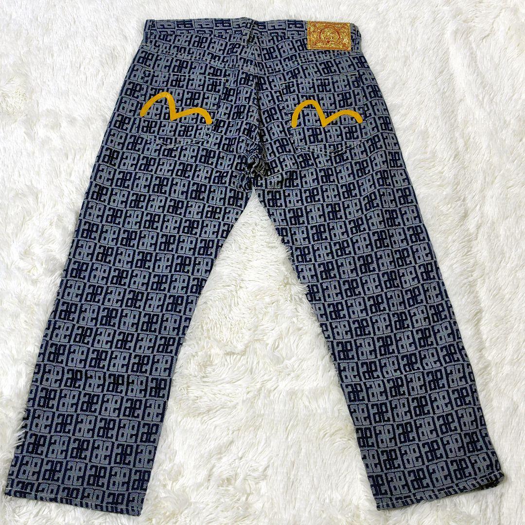 【爆売り！】 総柄 EVISU 美品】W32 デニムパンツ カモメペイント 黄色 パンツ