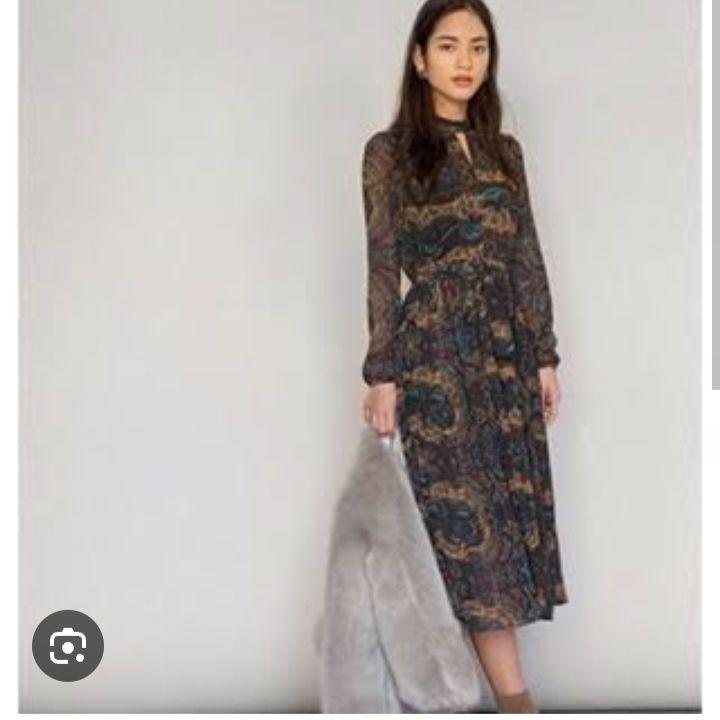 美品★AMERI アメリペイズリー柄 総柄 長袖 ロングワンピース プリーツ