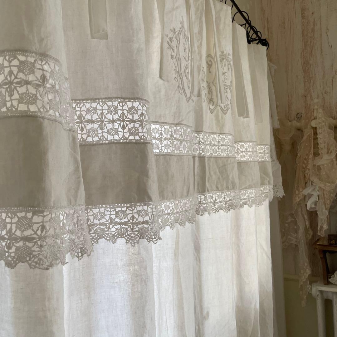 フランスアンティーク　イニシャル　フリル　リネンカーテン　　横200×縦190