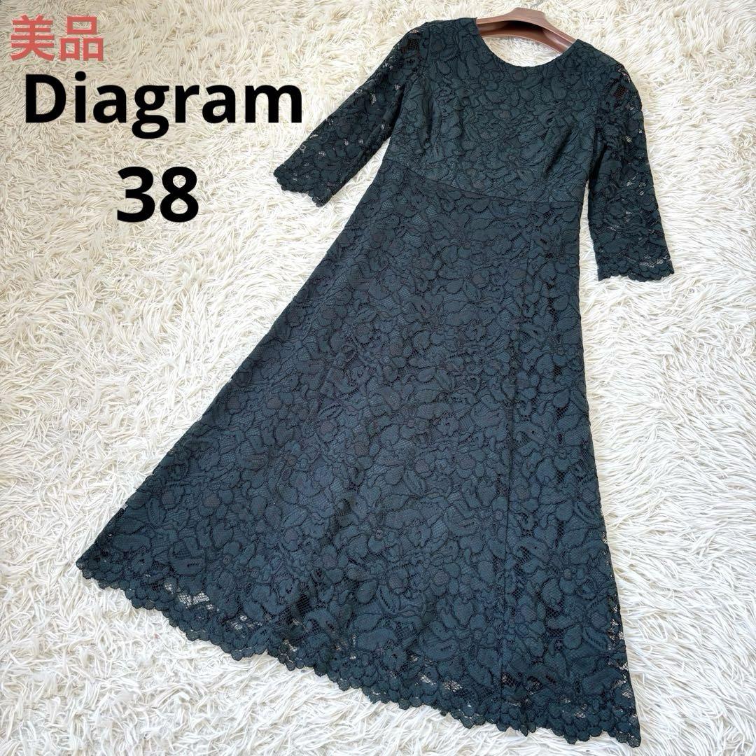 美品 ダイアグラム 総レース ロングワンピース 緑 38 日本製 Aライン