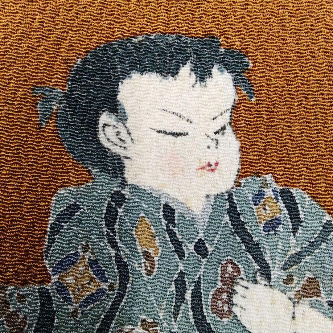 長尺 名古屋帯 縮緬 ちりめん 童 駒遊び 手描き 黄土色 正絹