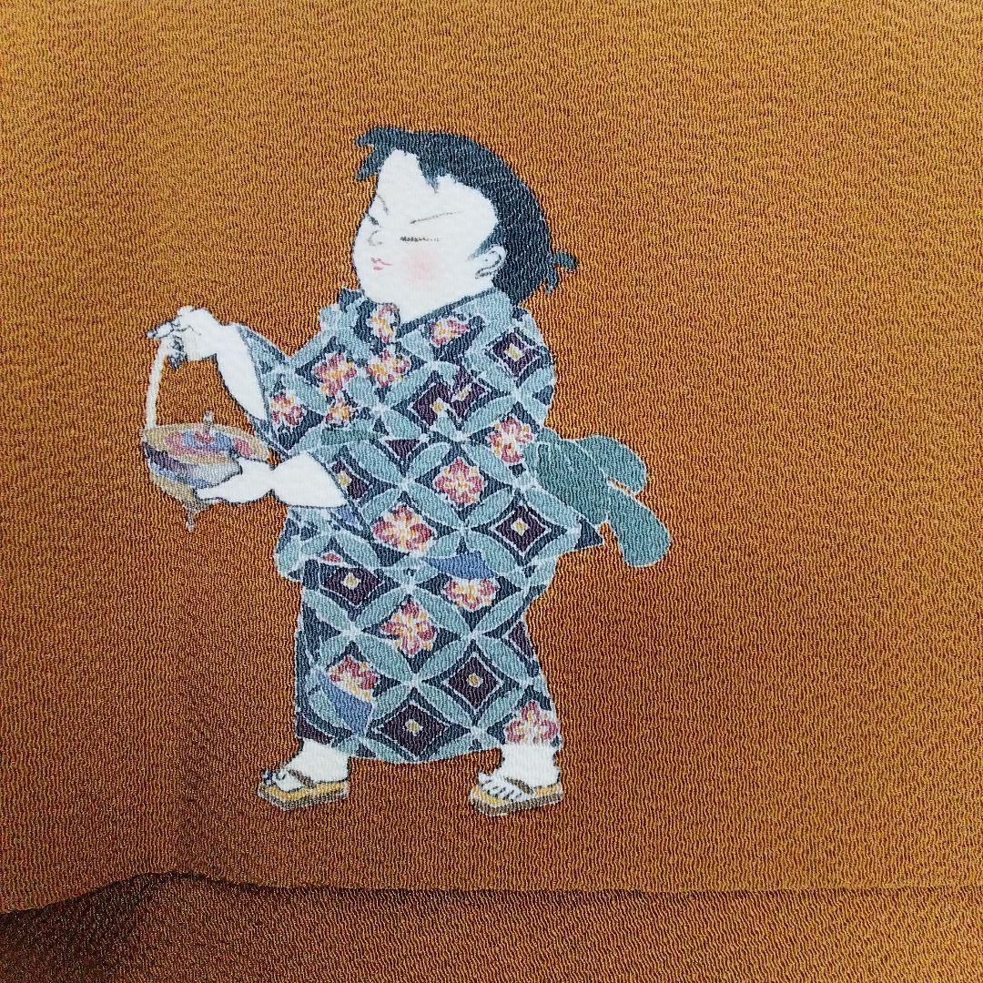 長尺 名古屋帯 縮緬 ちりめん 童 駒遊び 手描き 黄土色 正絹