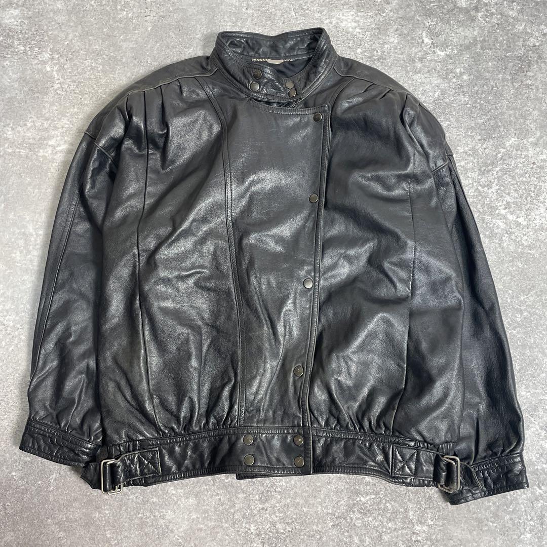 80s 90s vintage デザインレザージャケット 本革 黒 ベルト