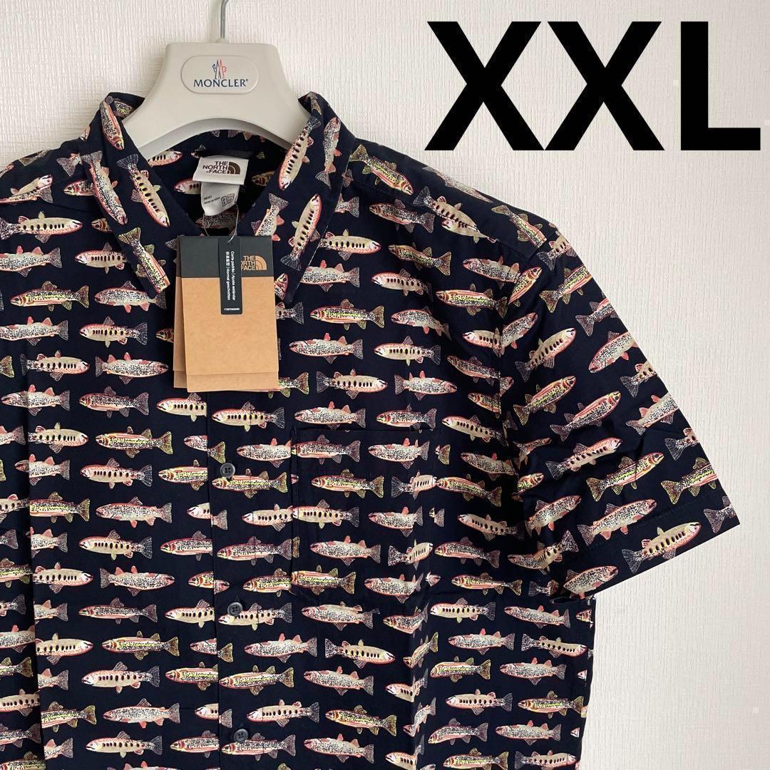USA企画ノースフェイスブラック黒サーモン柄半袖シャツXXL