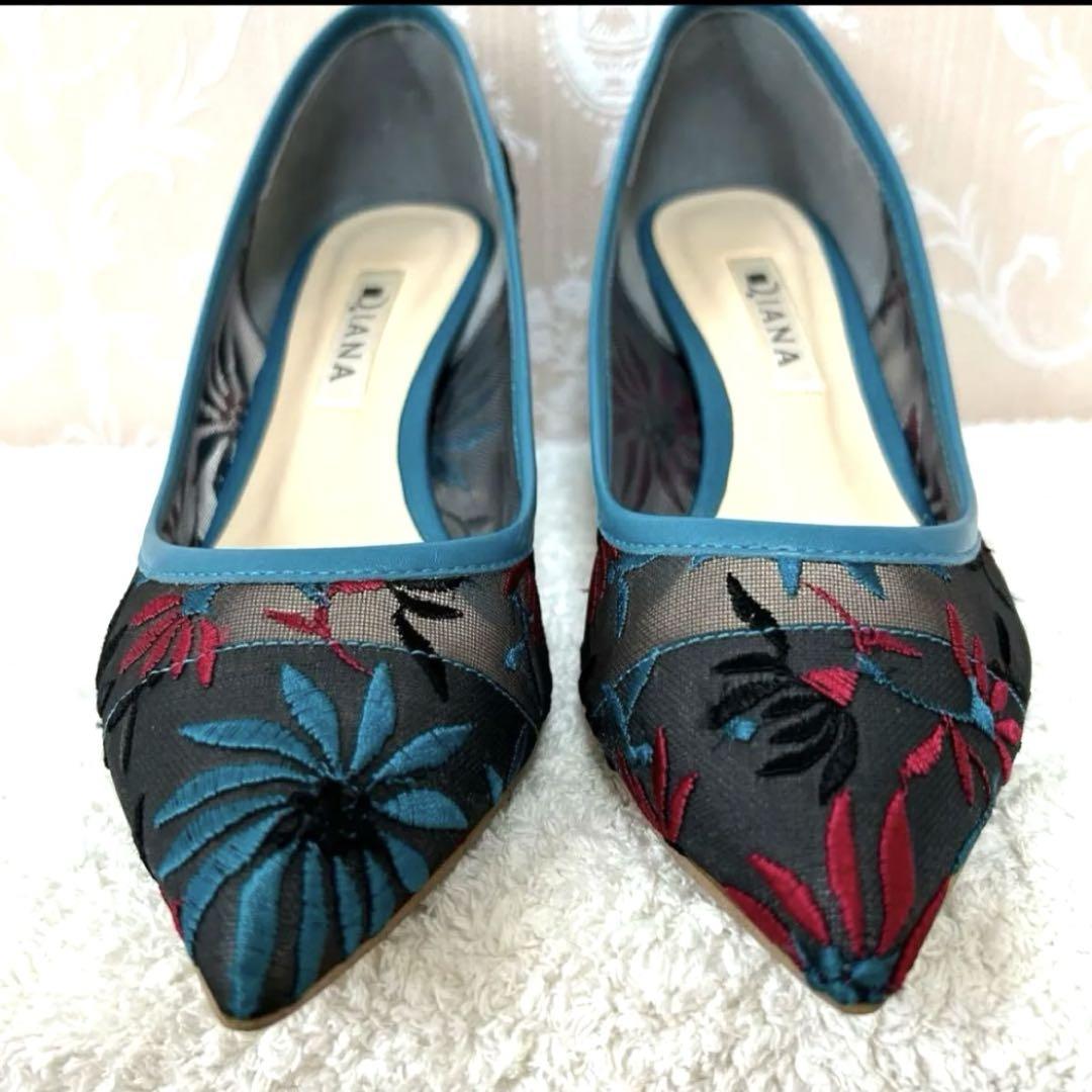 DIANA ダイアナ 美品 花柄レース 刺繍 マルチシースル 22.5cm