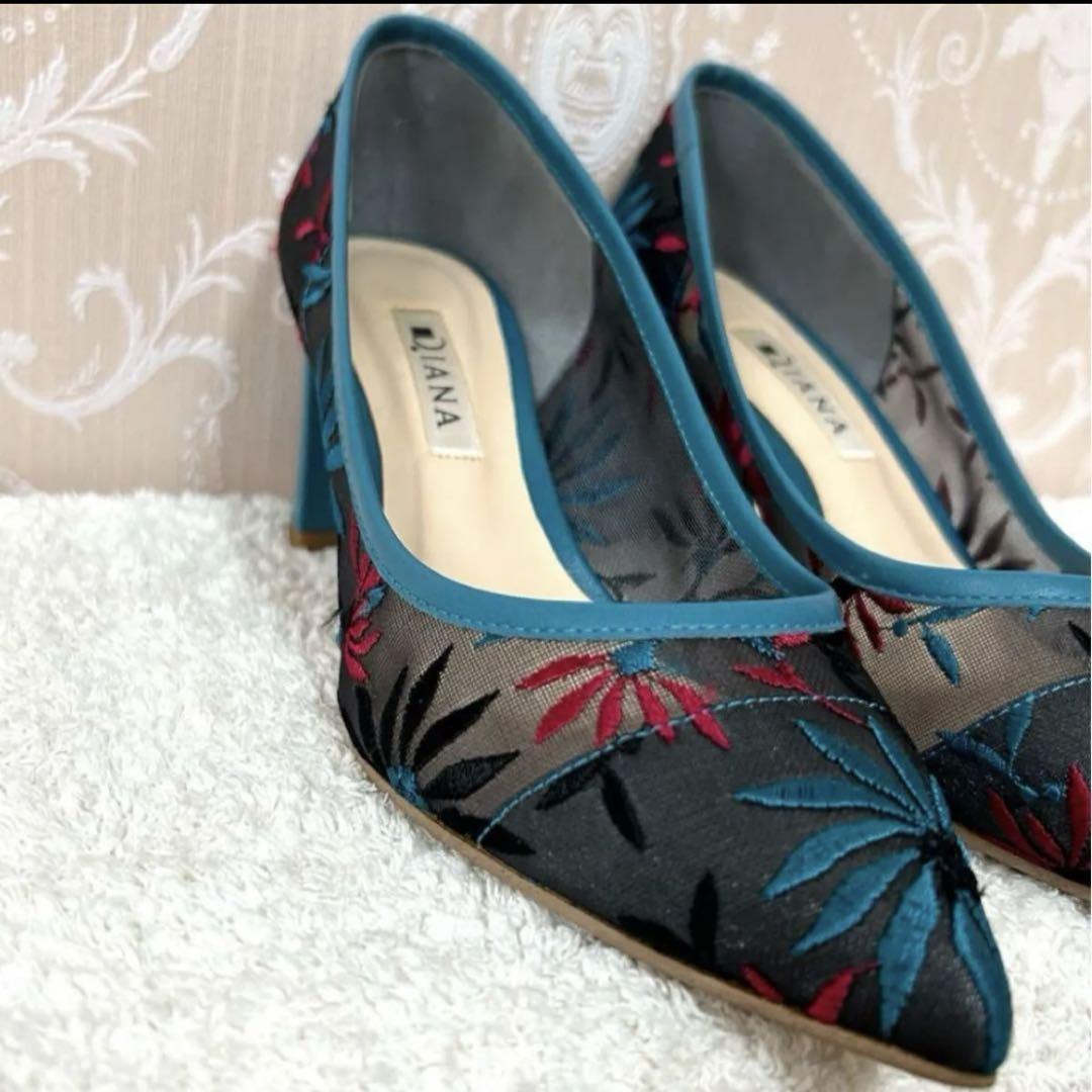 DIANA ダイアナ 美品 花柄レース 刺繍 マルチシースル 22.5cm