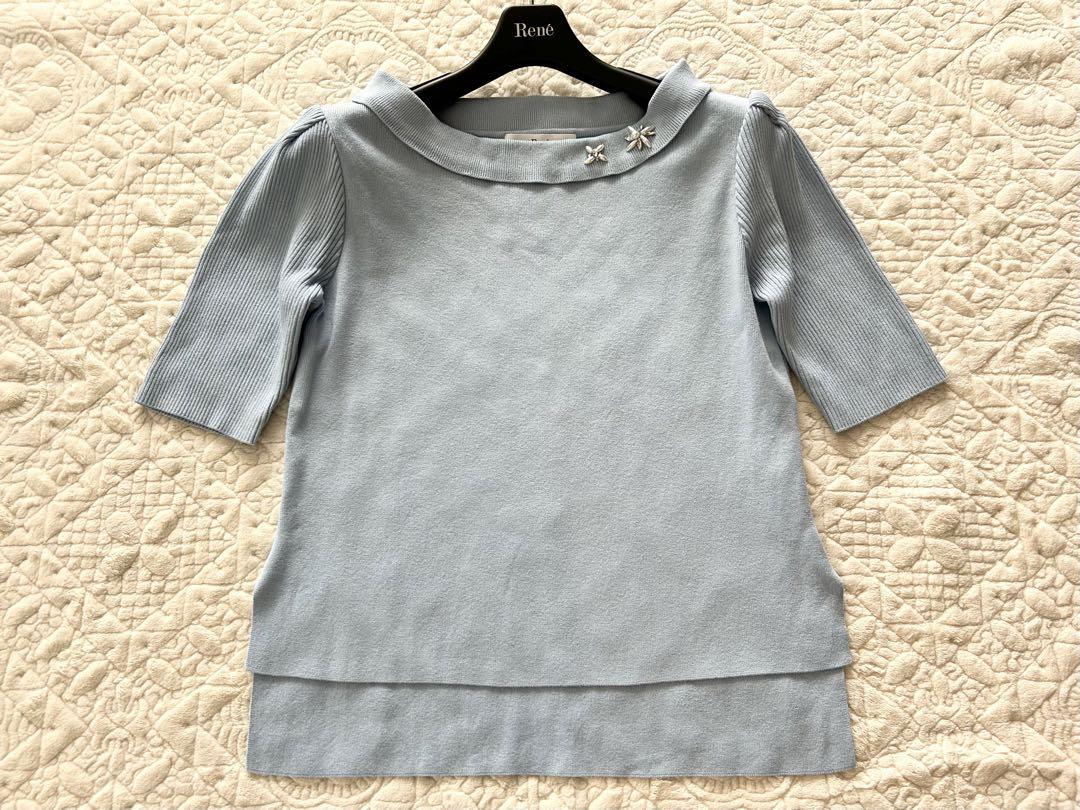 ★美品★ Rene ★ビジュー 半袖 ニット トップス★34★水色
