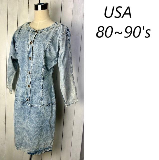 USA古着 80s～ USA製 ケミカルデニムミニワンピース 7 薄青 オールド
