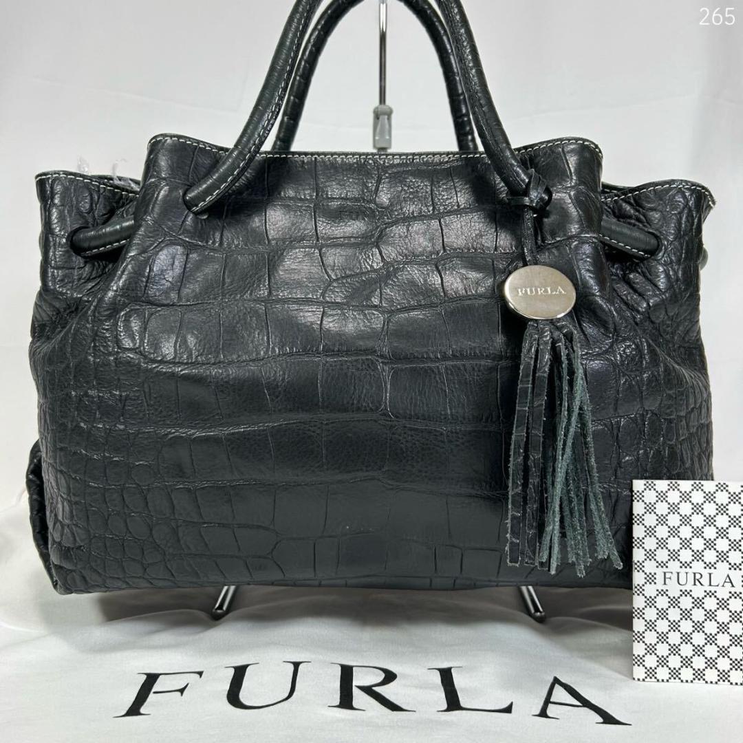 【極美品】フルラ ビジネスバッグ レザー クロコ型押し 手提げ 黒 A4可