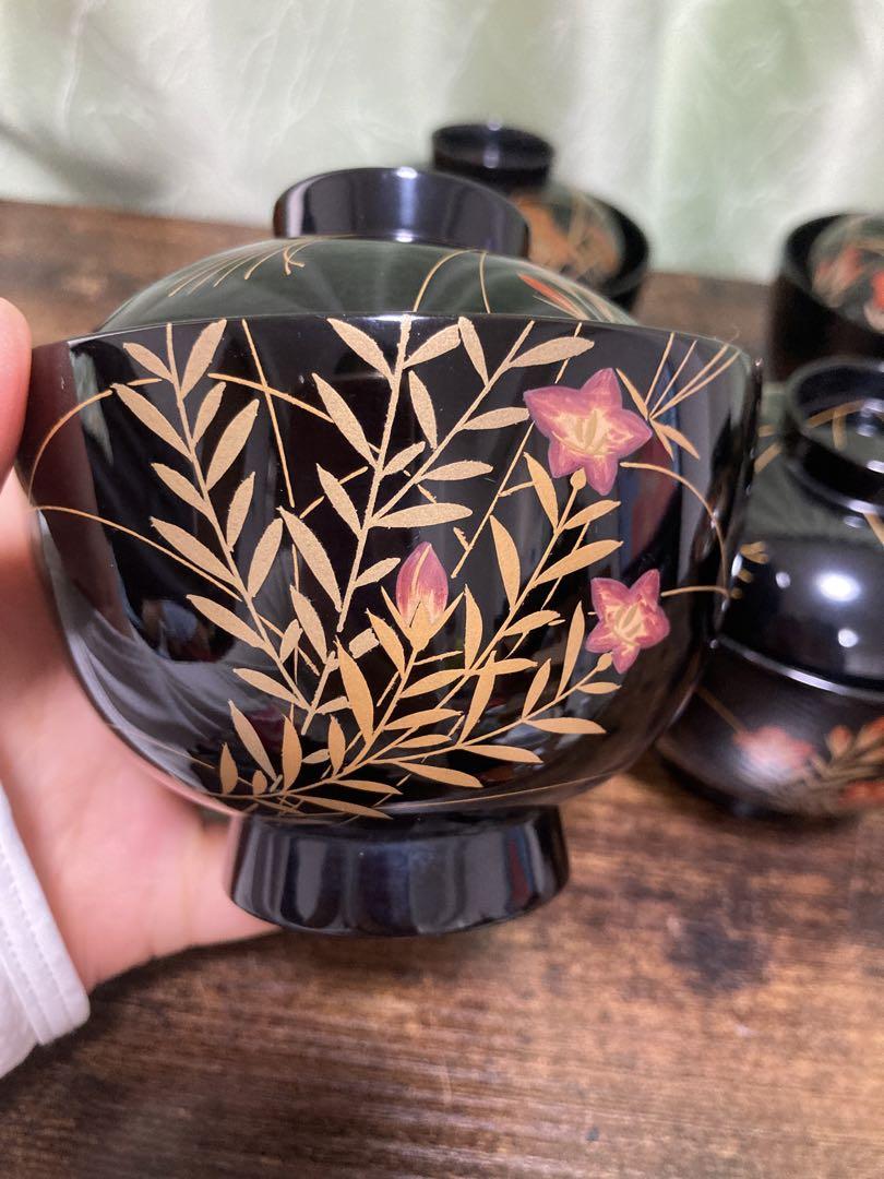 輪島塗椀 草花金蒔絵 黒塗御吸物椀 五客 木製漆器 漆芸懐石会席 輪島塗椀 草花金蒔絵 黒塗御吸物椀 五客 木製漆器 漆芸懐石会席