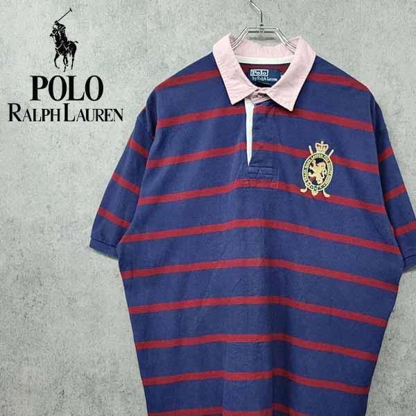 【90s 古着】ポロ ラルフローレン エンブレム ボーダー ポロシャツ ネイビー