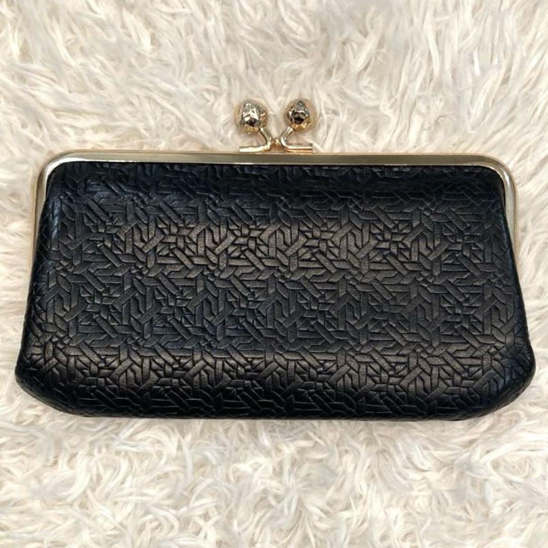 【美品】perche 抗菌レザー型押しがま口長財布　黒