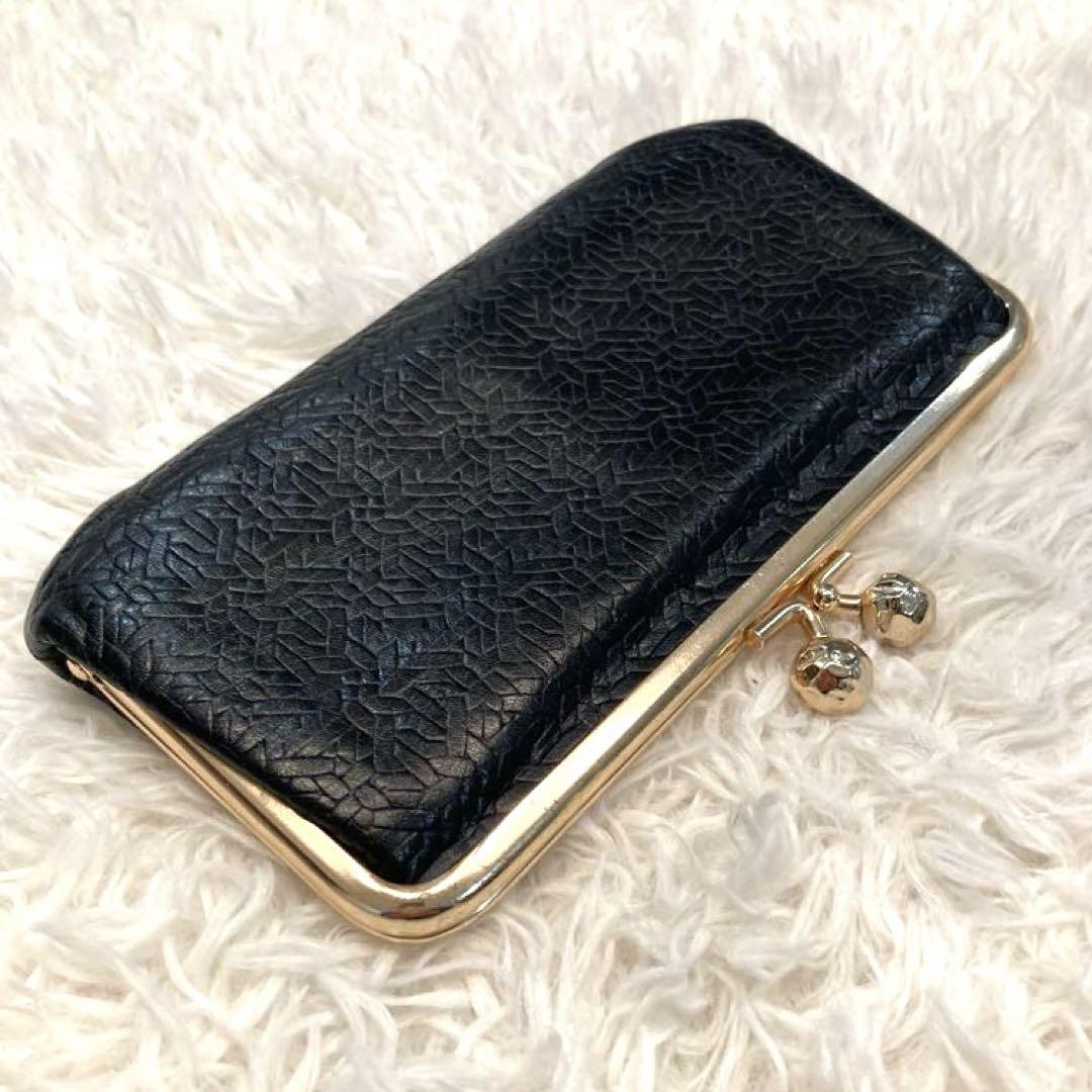 【美品】perche 抗菌レザー型押しがま口長財布　黒