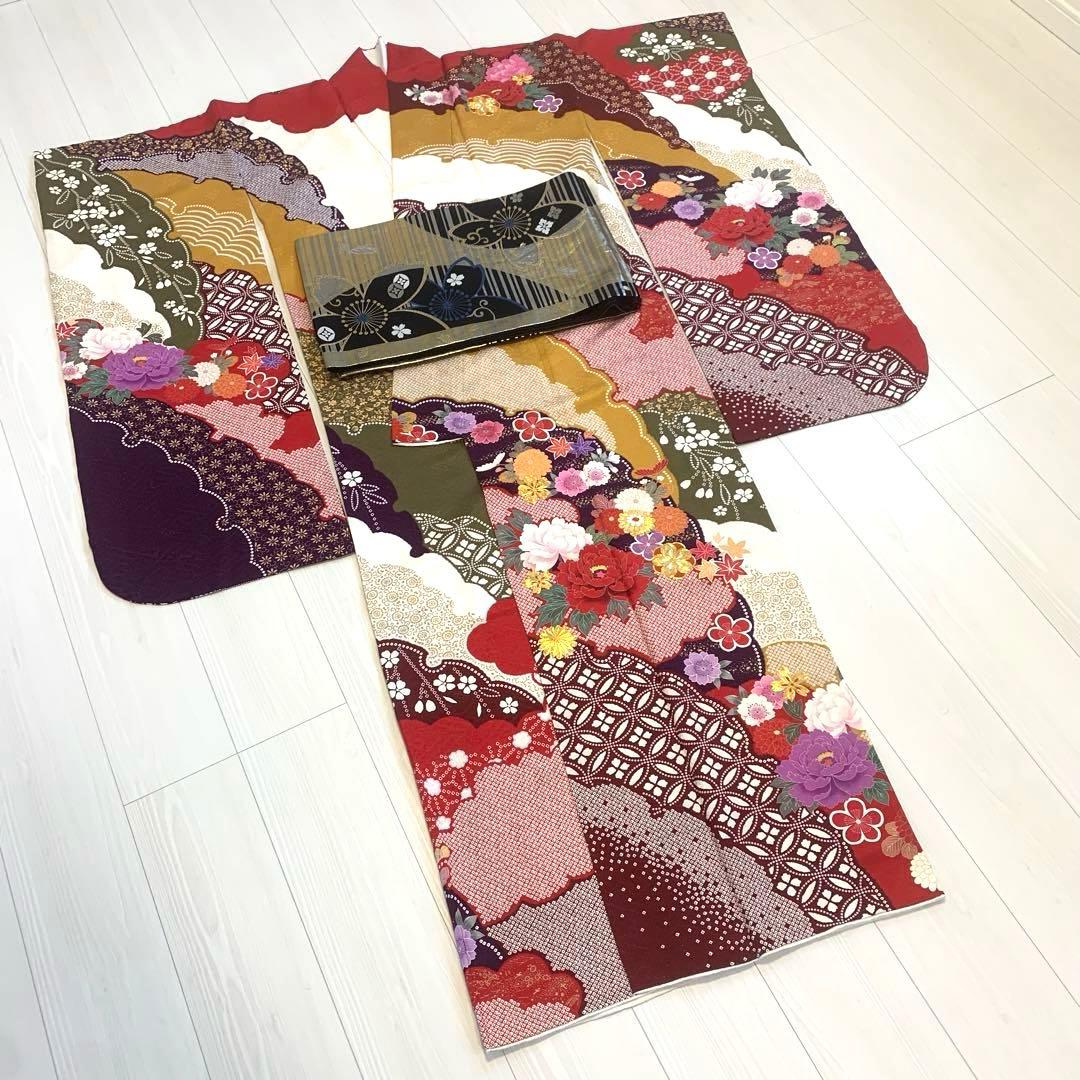 振袖 帯 2点セット 成人式 結婚式 正絹 セレモニー レトロ 黄色 紫 赤目立った傷や汚れなし