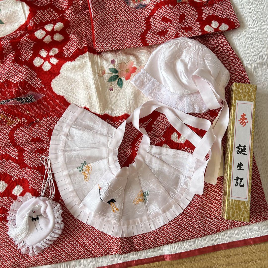 お宮参り お掛け着 産着 絹 総絞り 赤 子供着物 花 女の子 祝い