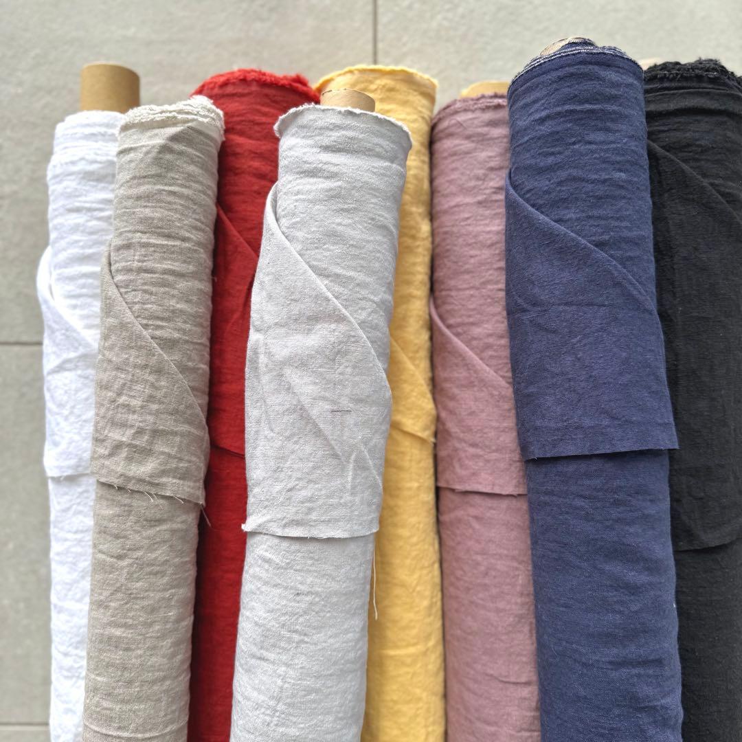 ４０番手強撚リネン生地【５Ｍ×布巾】水通し不用リネン100洗いざらしホワイト