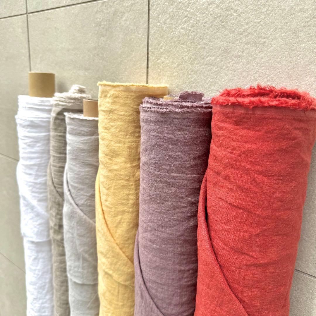 ４０番手強撚リネン生地【５Ｍ×布巾】水通し不用リネン100洗いざらしホワイト