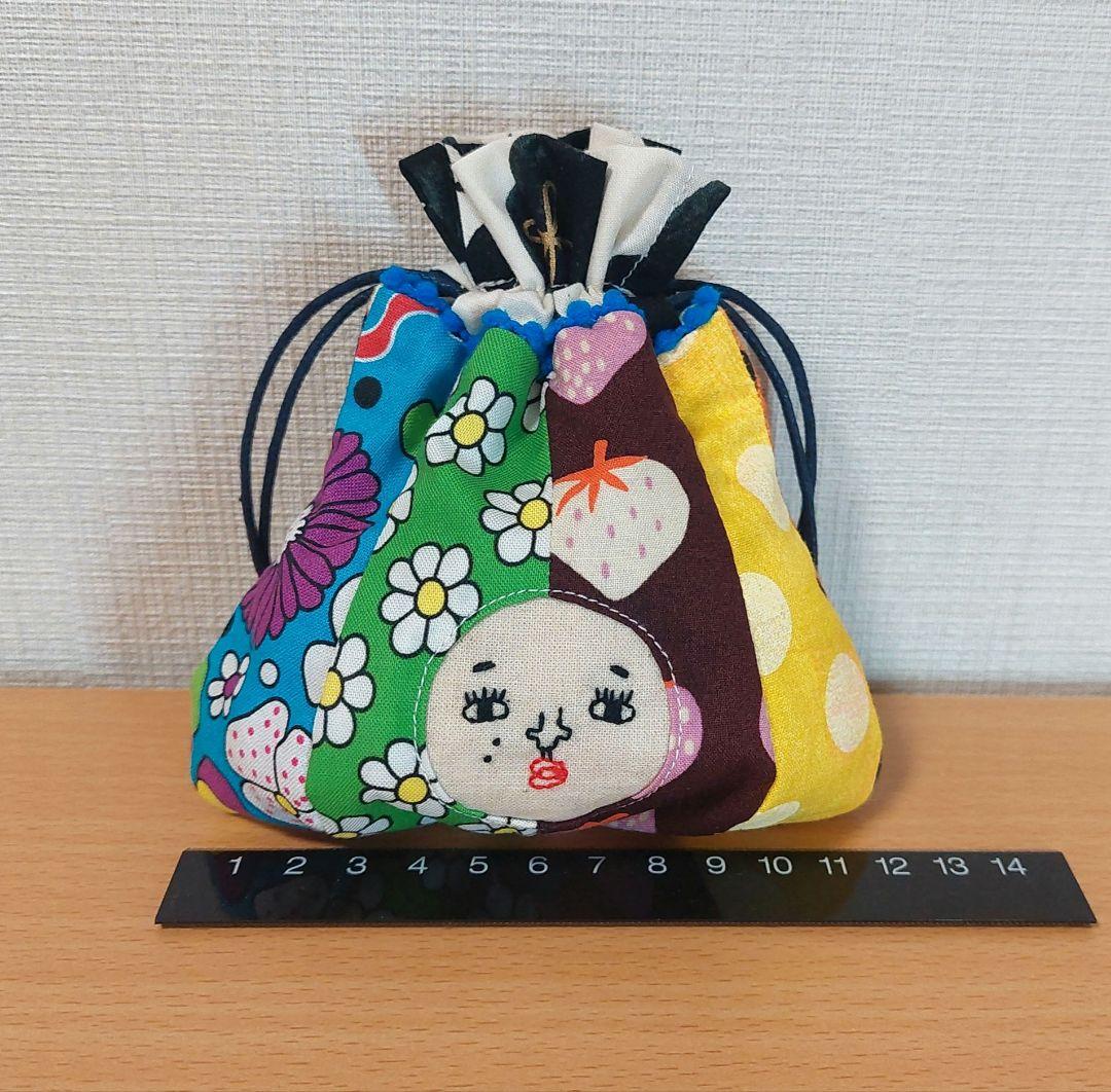 【いいね割】新玉ねぎの季節ですね巾着　小さめ　困り顔刺繍　カラフルパッチ