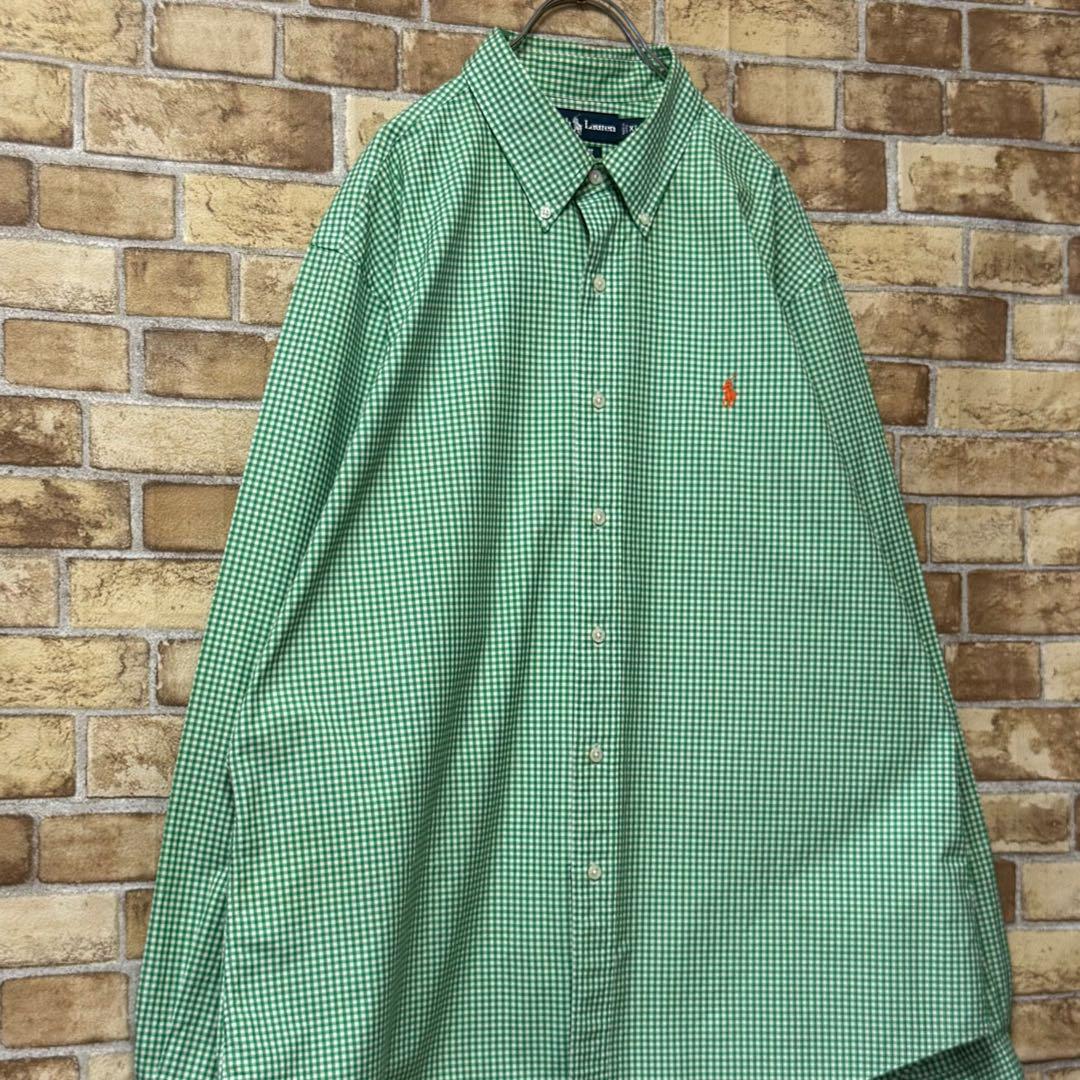 ラルフローレン　長袖ボタンダウンシャツ　ギンガムチェック　グリーン　刺繍ロゴXL