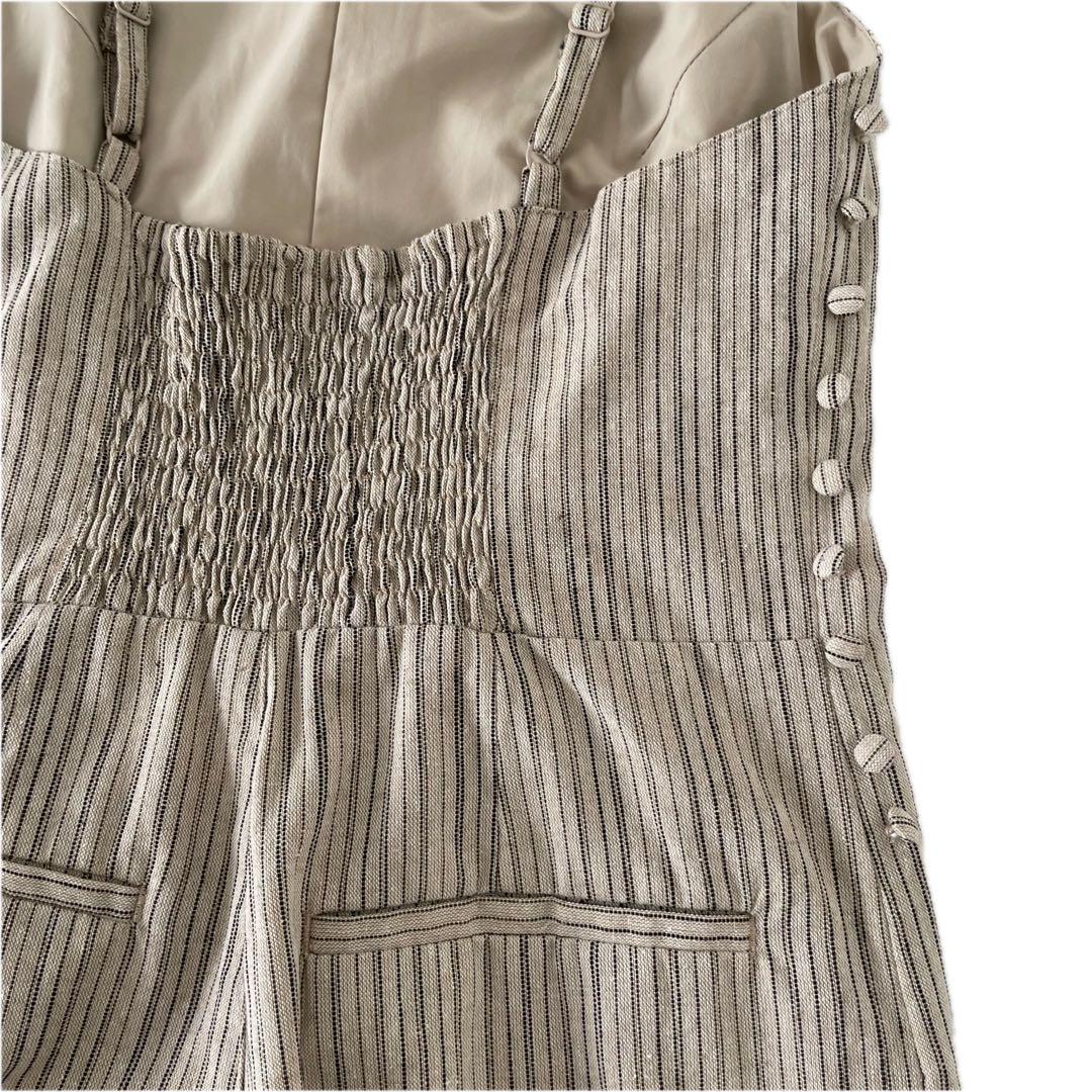 美品 RIELLE riche ストライプ コットンリネン オールインワン