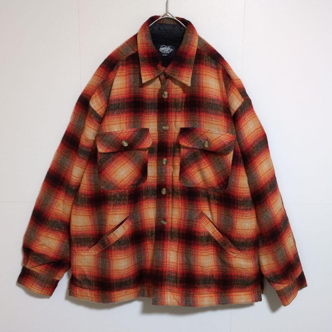 オンブレチェック　フランネルシャツ　裏ボア　ジャケット　橙　ビックシルエット　L