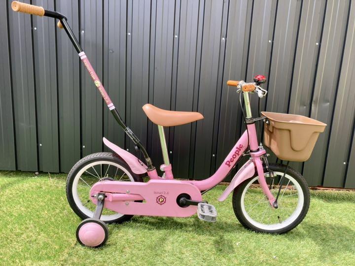 people 自転車 14インチ 補助輪つき ピンク かじとり棒付き 送料込み