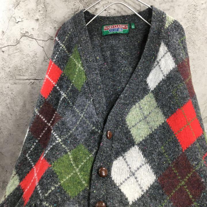 人気超激安 アイルランド製 アーガイル柄 総柄 ウール カーディガン 長袖 古着 メンズ WBK95-m92213730945 特価人気