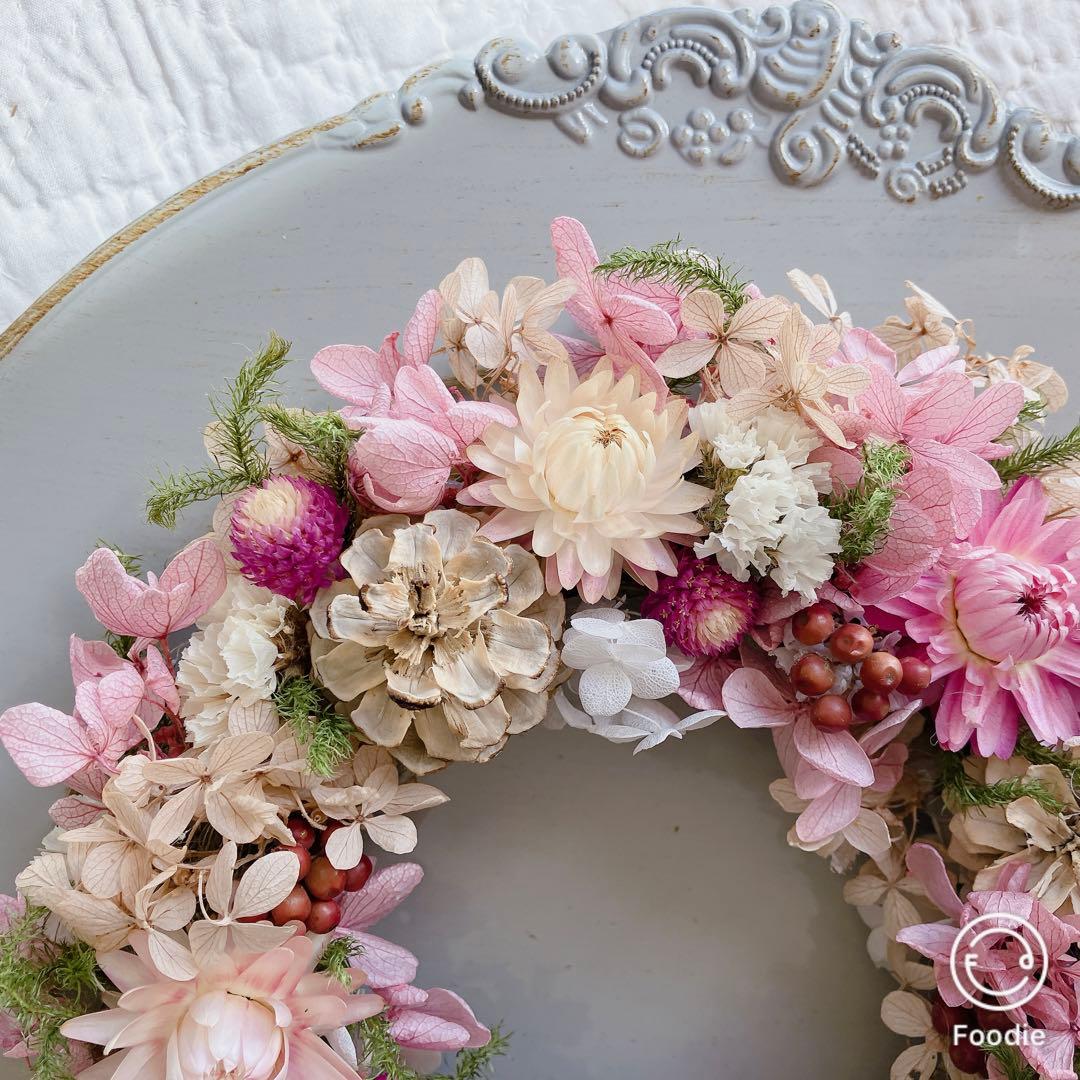 ドライフラワー ラウンド リース くすみピンク 千日紅 紫陽花