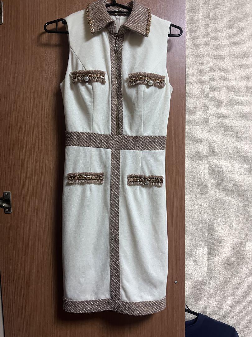 [an]ツイードパイピングフロントジップノースリタイトミニドレス