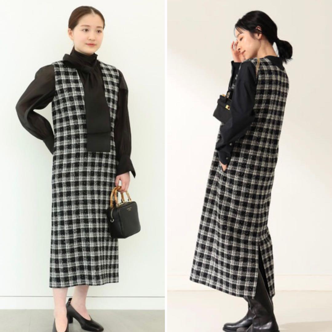 Demi-Luxe BEAMS 定価3.5万 チェックツイードVネックワンピース Demi-Luxe BEAMS 定価3.5万 チェックツイードVネックワンピース