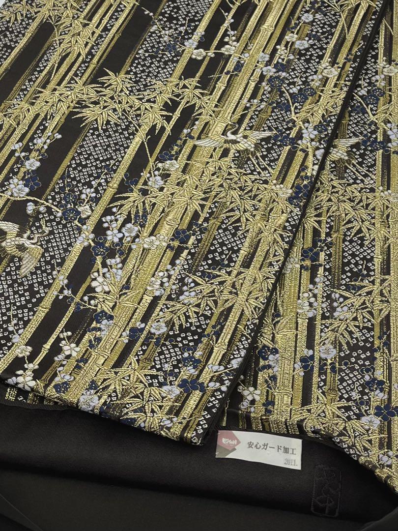 特売 加納幸 西陣織 Q952 ガード加工済 六通 正絹 金糸 鶴 竹笹 袋帯 着物・浴衣