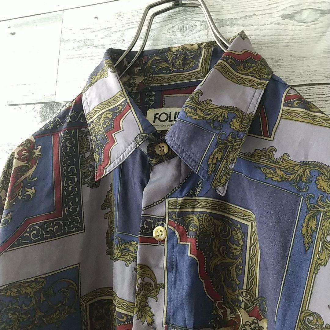 くすみカラー☆柄シャツ ヨーロピアン レトロ ポリシャツ 長袖シャツ L
